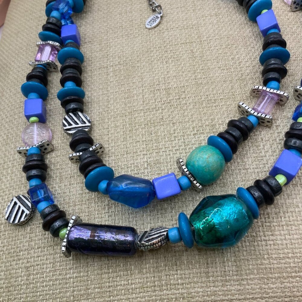 Bijoux Terner Multi Shaped Strands Blue Green Beaded Glass Silver Tone Necklace